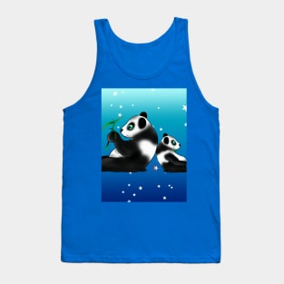 Two pandas eating bamboo on a blue background with stars Tank Top